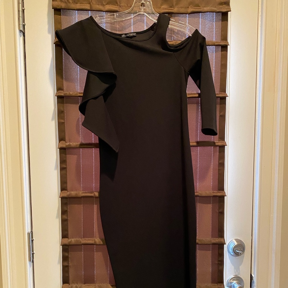 Black Zara asymmetrical ruffle dress, size S